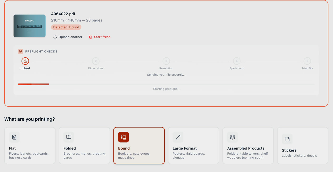 forge configurator just after upload: the PDF has been read — 210 × 148mm, 28 pages, detected as Bound — and the product type is pre-selected
