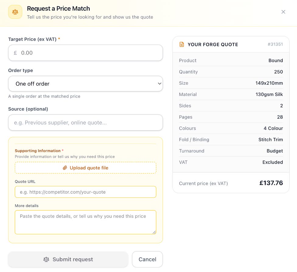 Request a Price Match modal: target price input, order type, source and supporting information fields beside a summary of forge quote #31351 with its current price of £137.76 ex VAT